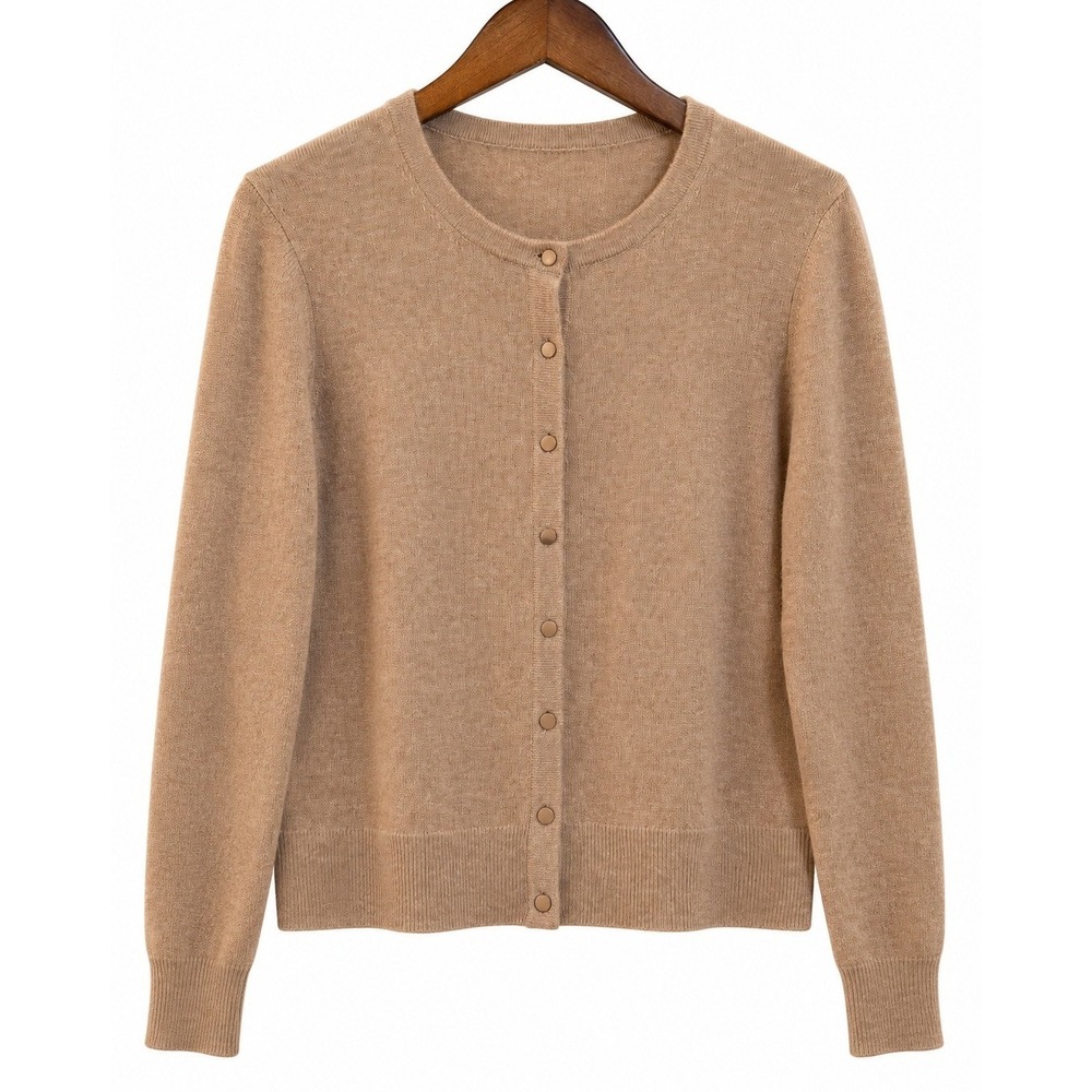 UNIQLO 100% Cashmere Cardigan Sweater Womens L Camel Tan Button Front Crew Neck